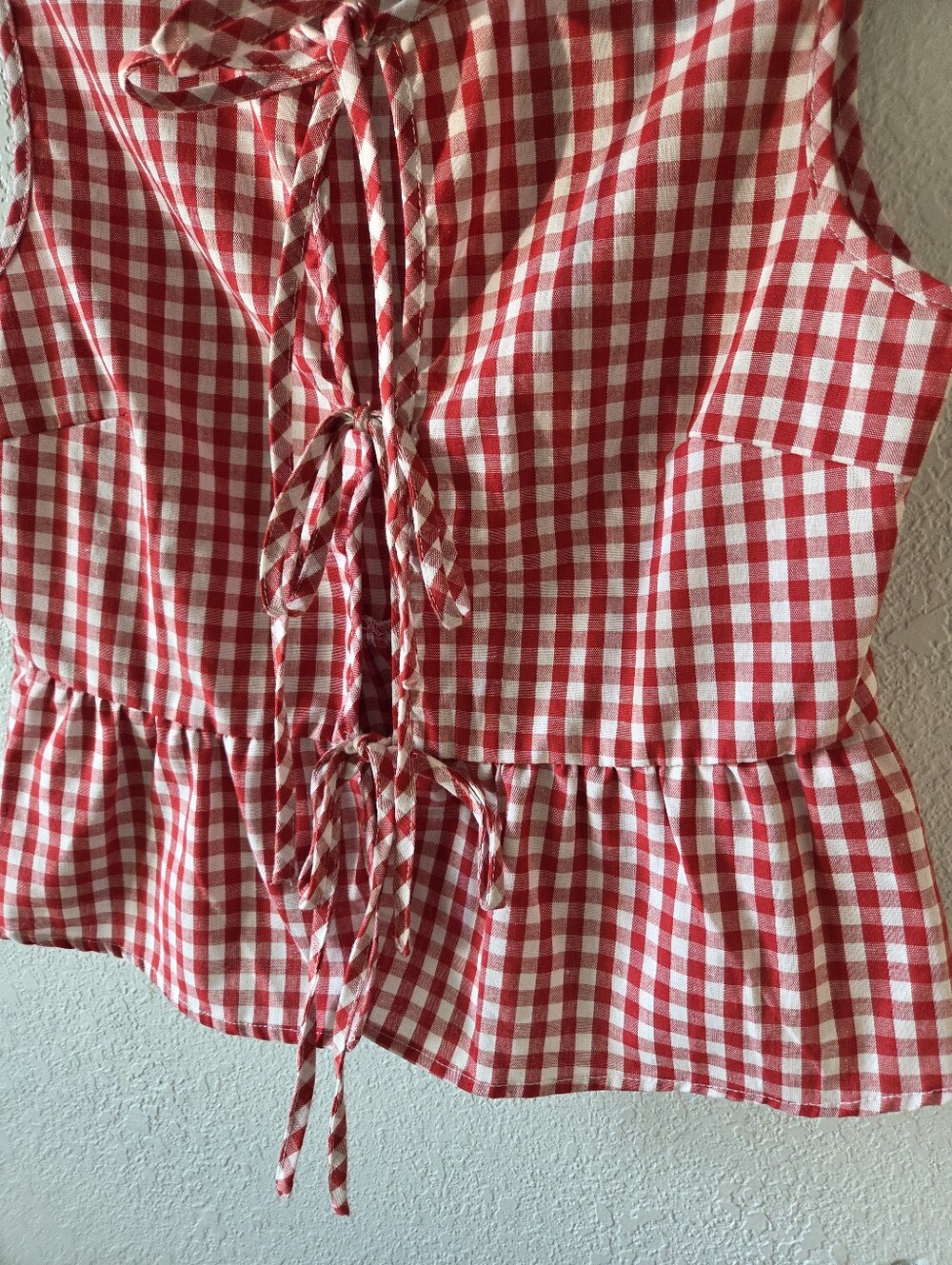 SHEIN Red & White Gingham Tie-Front Peplum Top - Picture 3 of 4